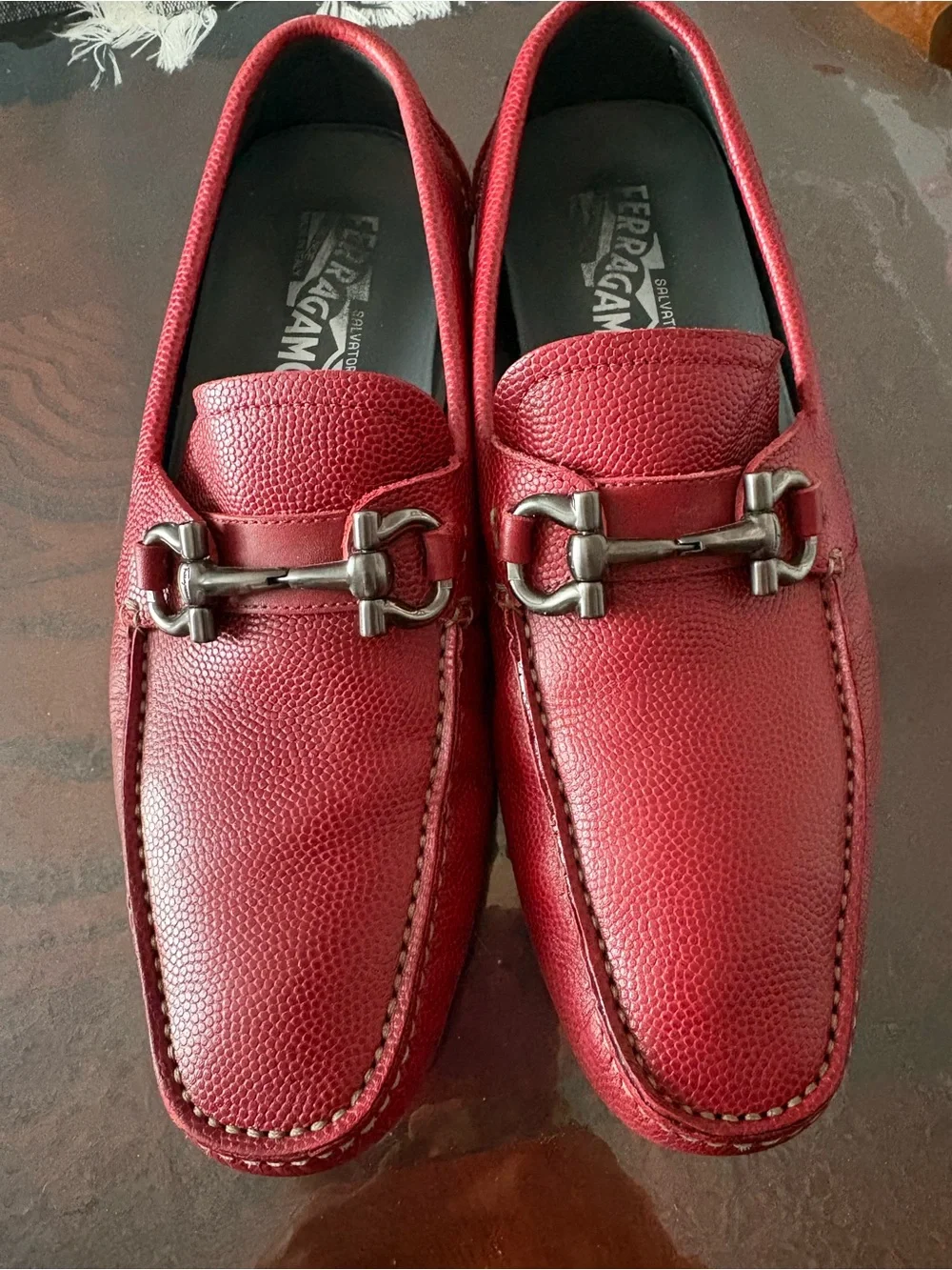 Salvatore Ferragamo Men's Burgundy Pebbled Leather Bit Loafers